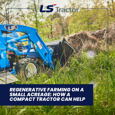 Compact tractor moving compost on a regenerative homestead